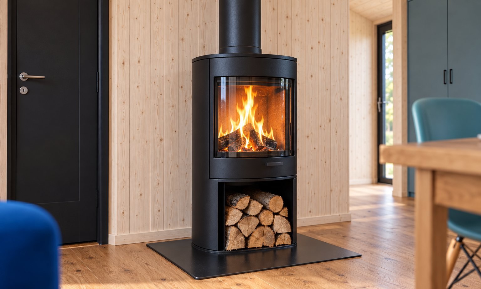 Visualisierung des Kaminofens mit Holzfach in Dansk Cottage