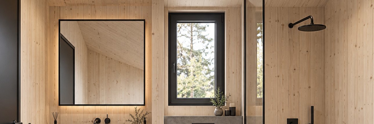 Visualisierung des Badezimmers von Dansk Cottage mit Holzverkleidung, beleuchtetem Spiegel und Regendusche