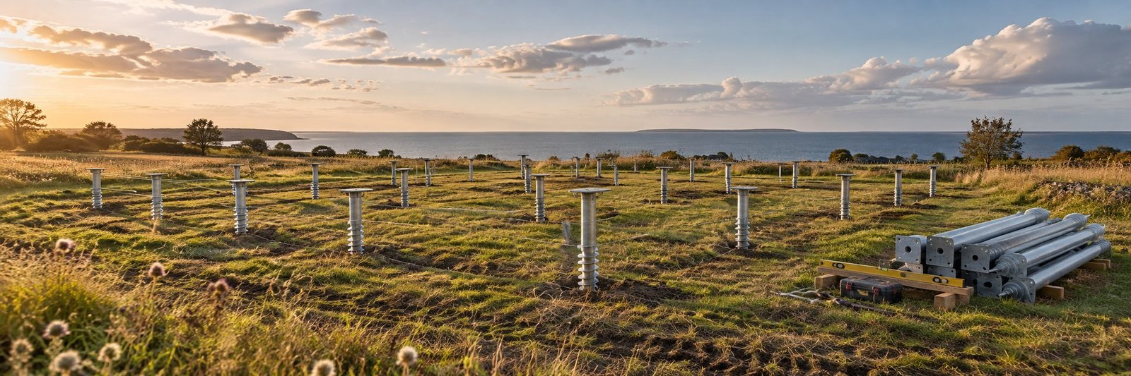Fondations sur pieux vissés sur le terrain de Dansk Cottage, avec vue sur la mer