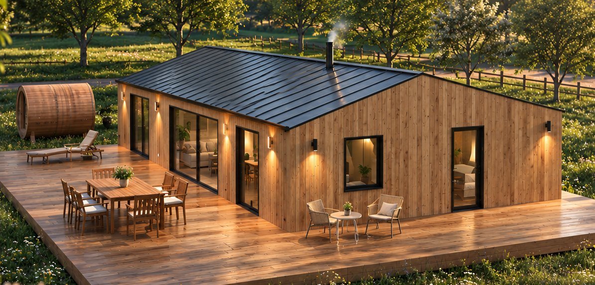 Visualisierung von Dansk Cottage: Holzhaus mit schwarzem Dach und großer Holzterrasse in der Abendsonne