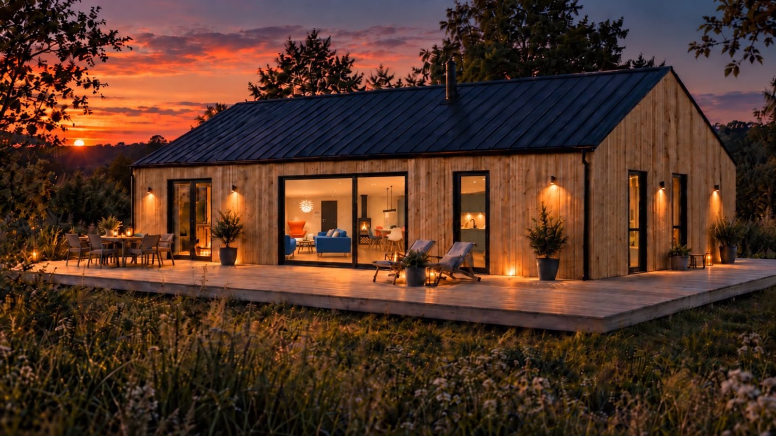 Visualisering af Dansk Cottage: træhus med terrasse i aftenskumringen