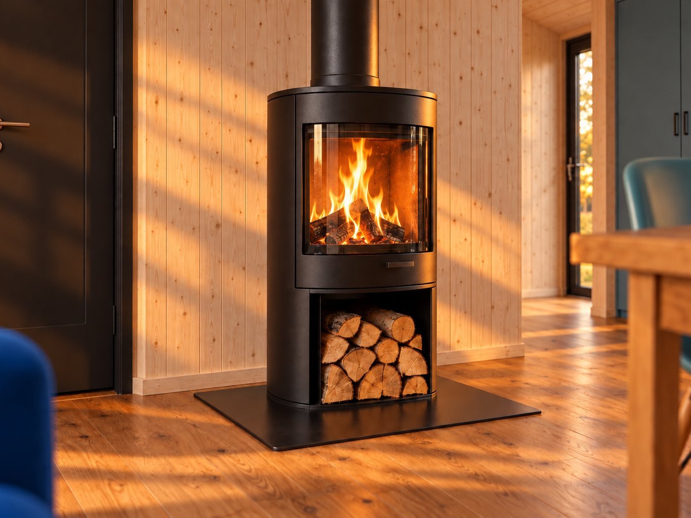 Visualisierung des Kaminofens im Wohnbereich von Dansk Cottage im Abendlicht