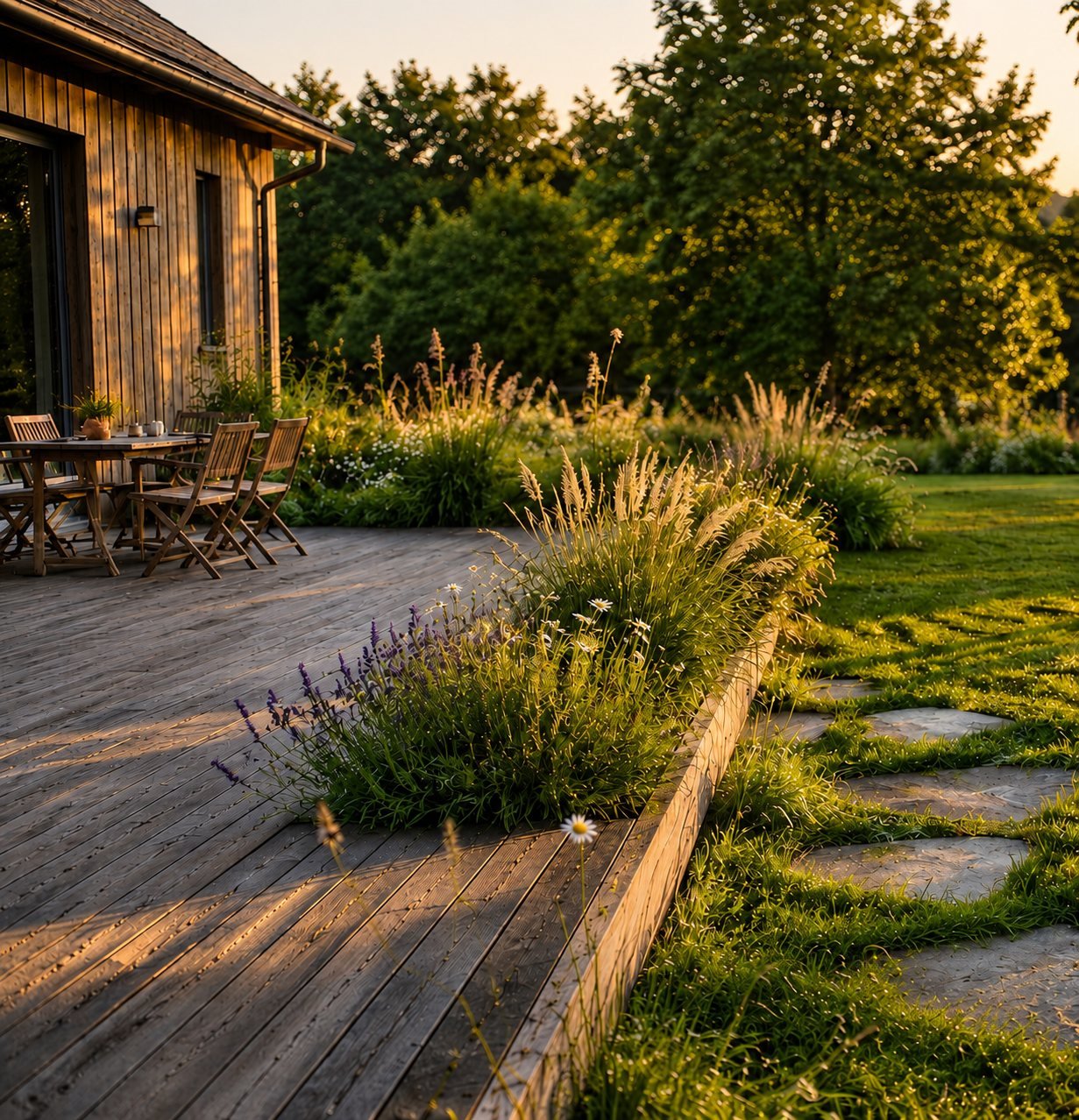 Naturgrund og terrasse ved Dansk Cottage