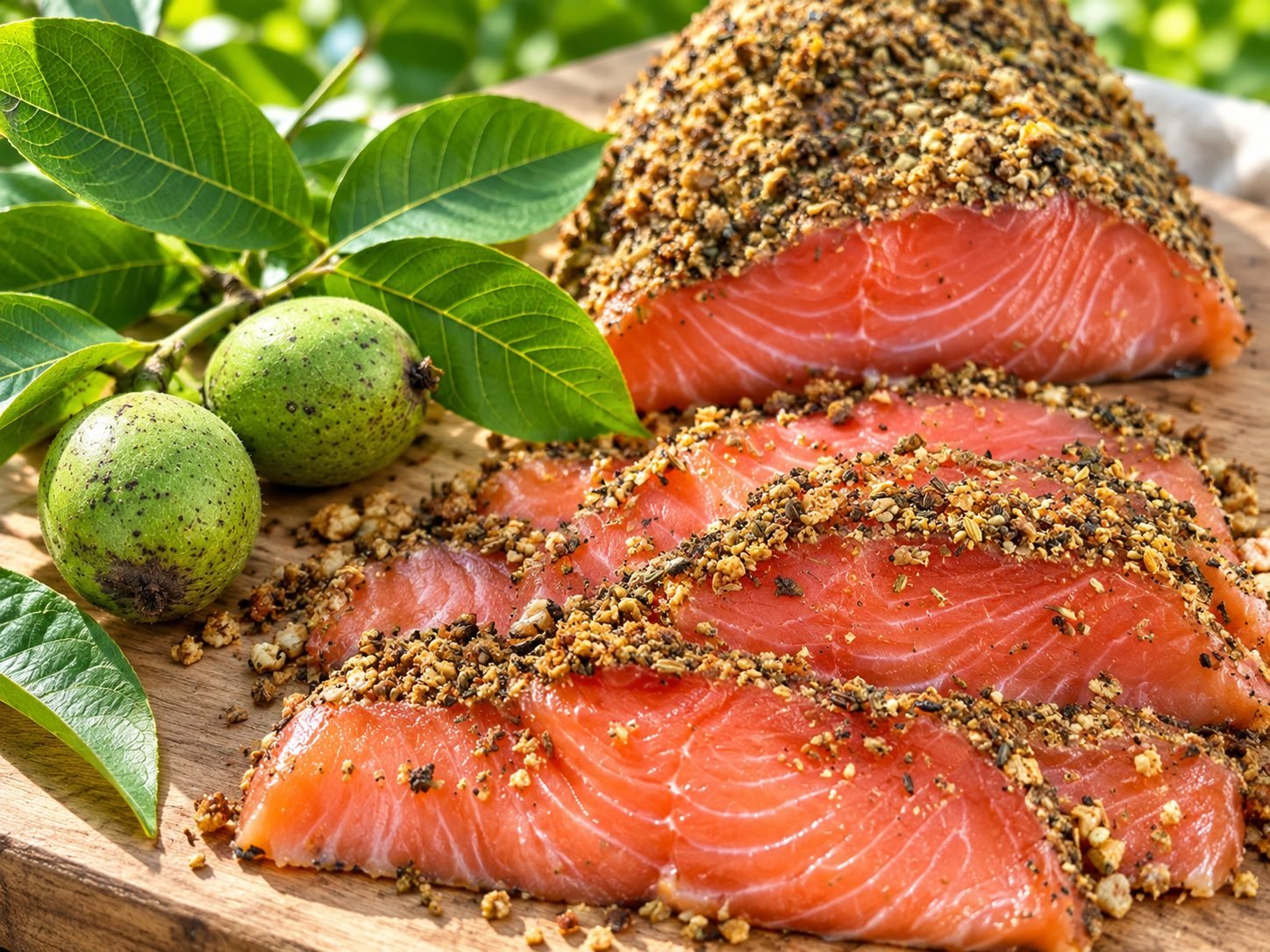 Graved Lachs &AElig;r&oslash; med ristede valn&oslash;dder, ved siden af gr&oslash;nne valn&oslash;dder og valn&oslash;ddeblade