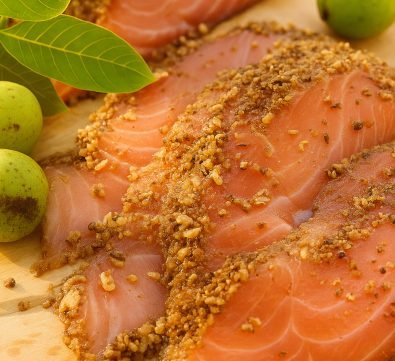 Graved Lachs &AElig;r&oslash; med ristede valn&oslash;dder, ved siden af gr&oslash;nne valn&oslash;dder og valn&oslash;ddeblade
