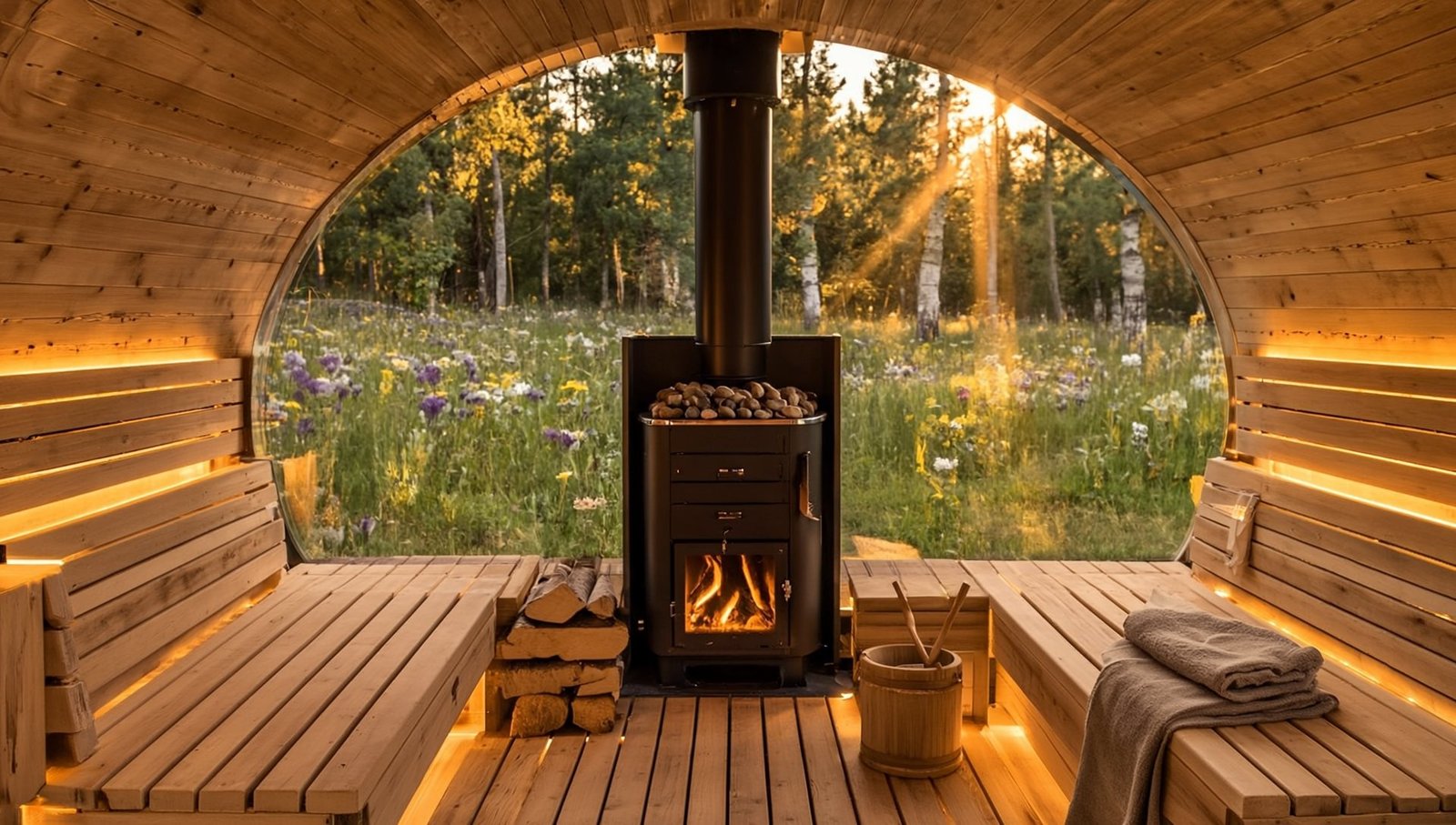 Visualisierung der Fasssauna von innen: Holzofen mit Saunasteinen, Bänke und Blick durch die Glasfront auf eine Blumenwiese