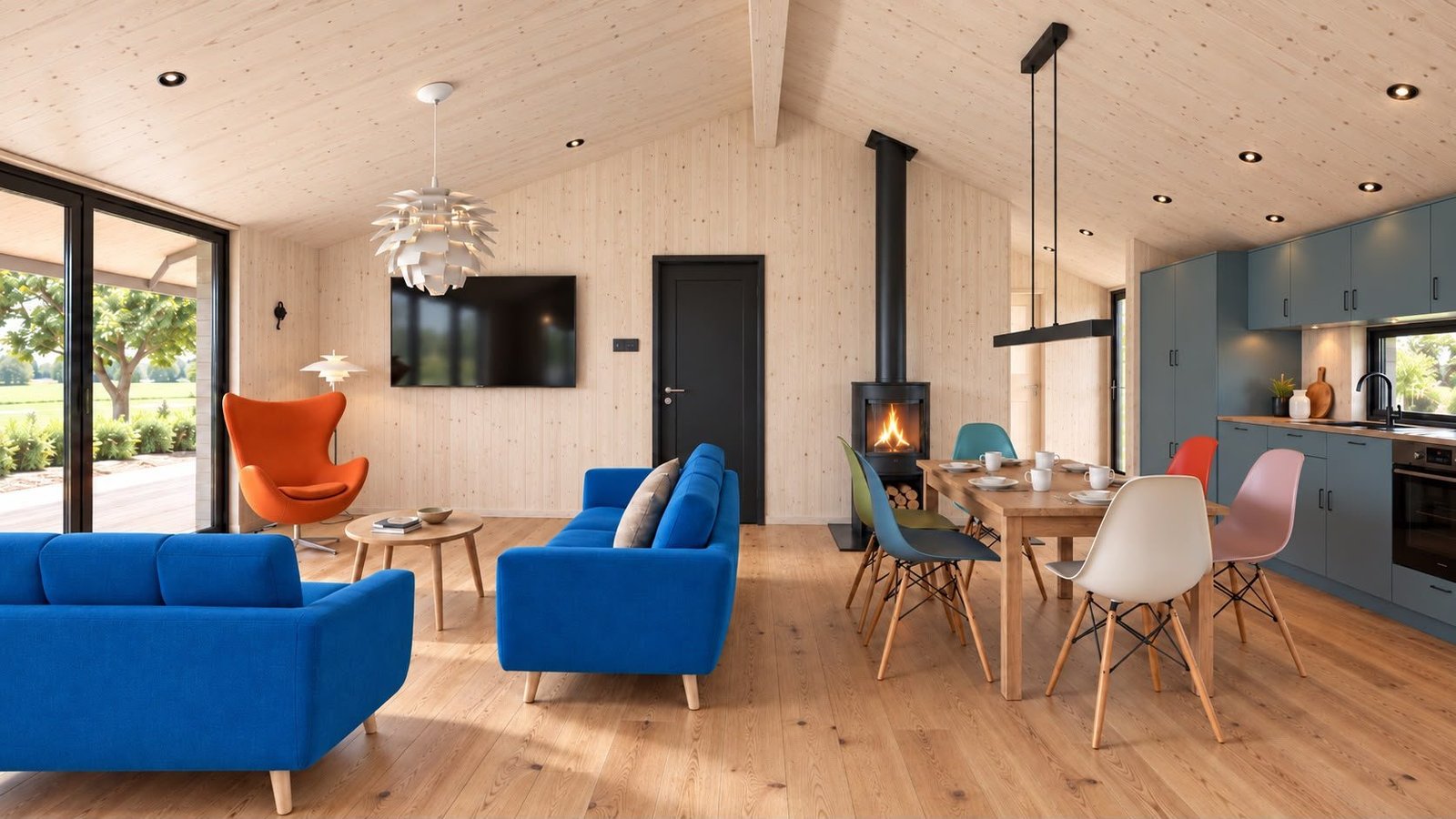 Visualisierung des Wohnbereichs von Dansk Cottage mit Kaminofen und Essplatz